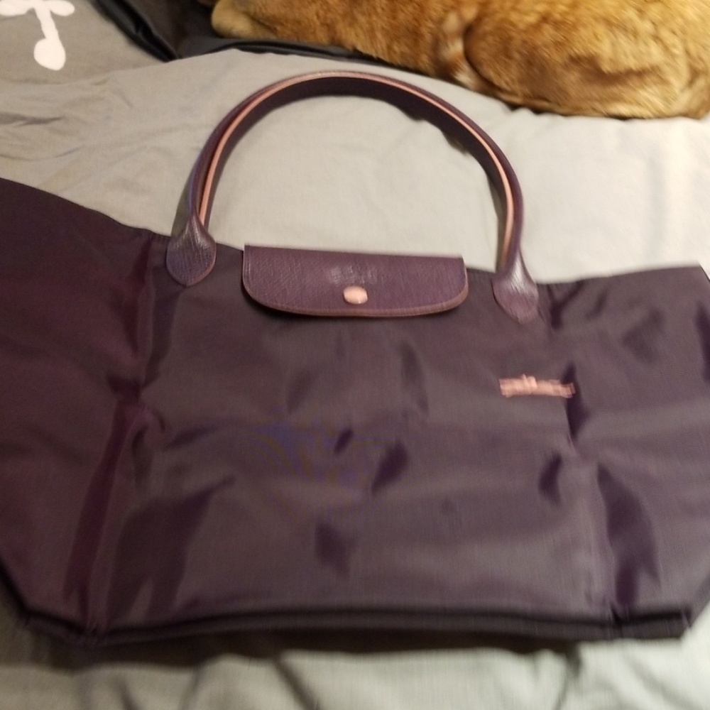 Longchamp navy tote with pink edging on leather as
